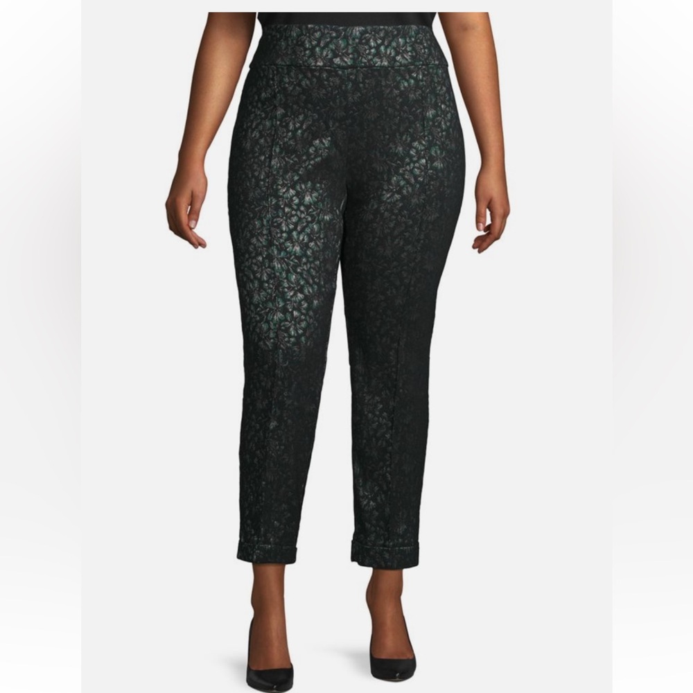 Lord & Taylor Kelly Pull On Cuffed Ankle Pant 14W Black Green Metallic Pattern